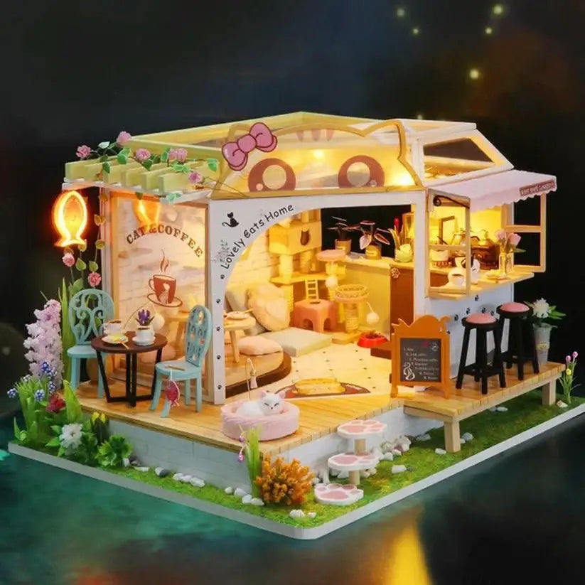 Cat Cafe Houten Miniatuur Poppenhuis Kit DIY Pet Kat Koffiewinkel Bouwmodel Accessoires met Meubels LED Licht Muziekdoos Verjaardag Kerstcadeau (inclusief stofhoes Cat Cafe Houten Miniatuur Poppenhuis Kit DIY Pet Kat Koffiewinkel Bouwmodel Accessoires met Meubels LED Licht Muziekdoos Verjaardag Kerstcadeau (inclusief stofhoes
