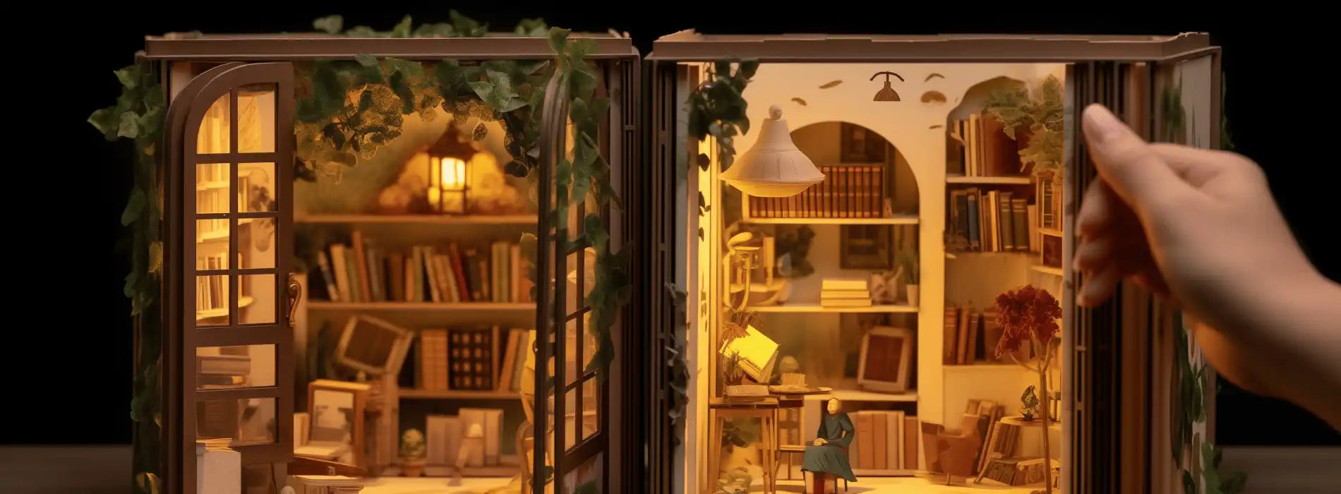 An illuminated, intricate diorama of a miniature book-nook with shelves, furniture, and decorative elements.