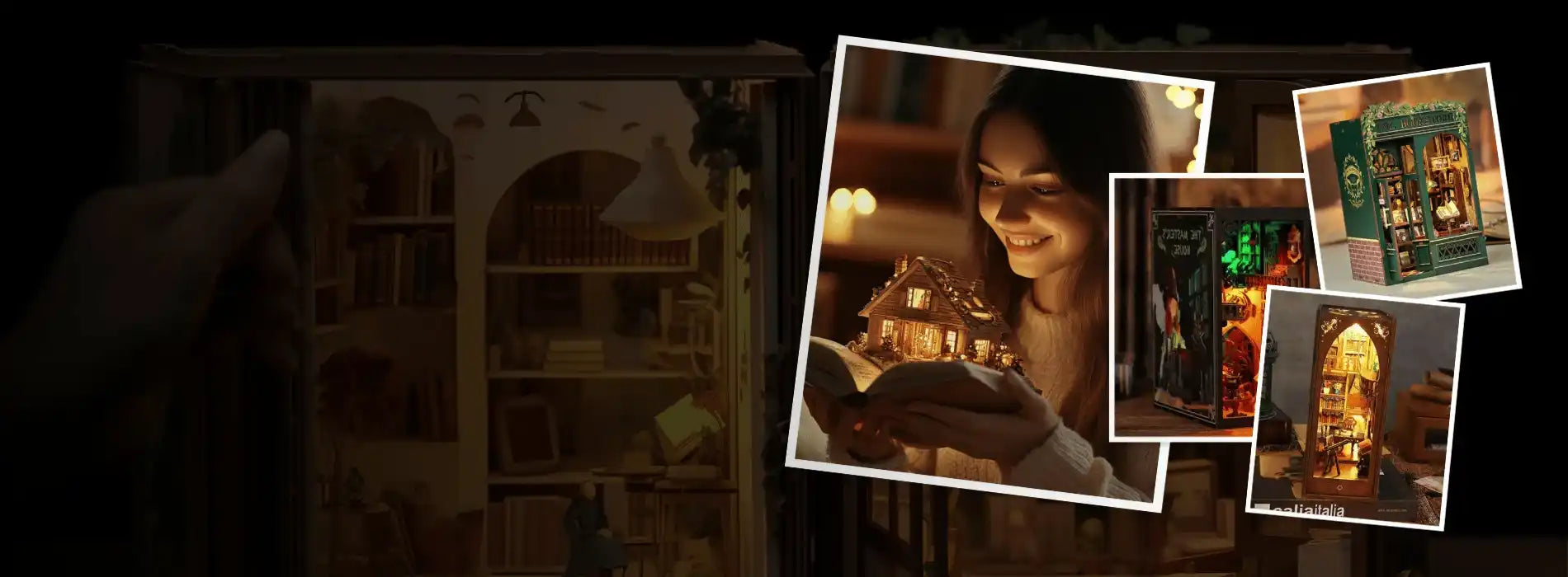 An illuminated pop-up book with various scenes and a miniature house.