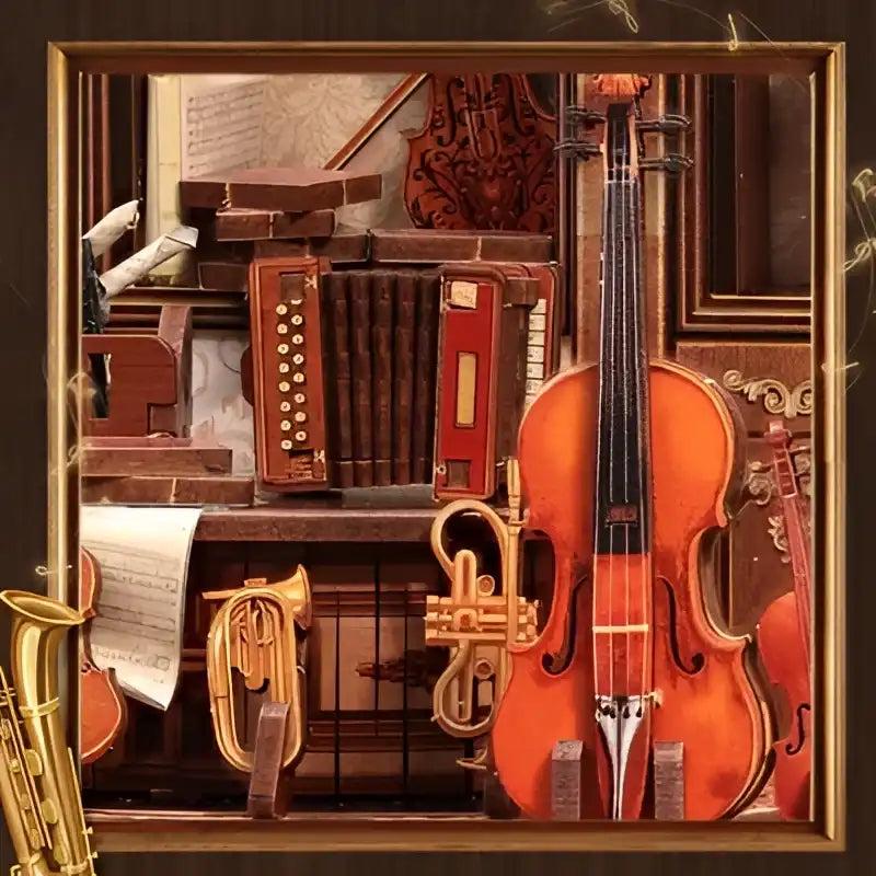 Miniature violin, trumpet and accordion inside the workshop