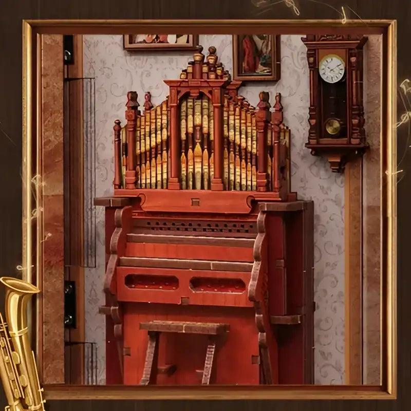 Miniature pipe organ and wall clock inside the Bach Strings book nook