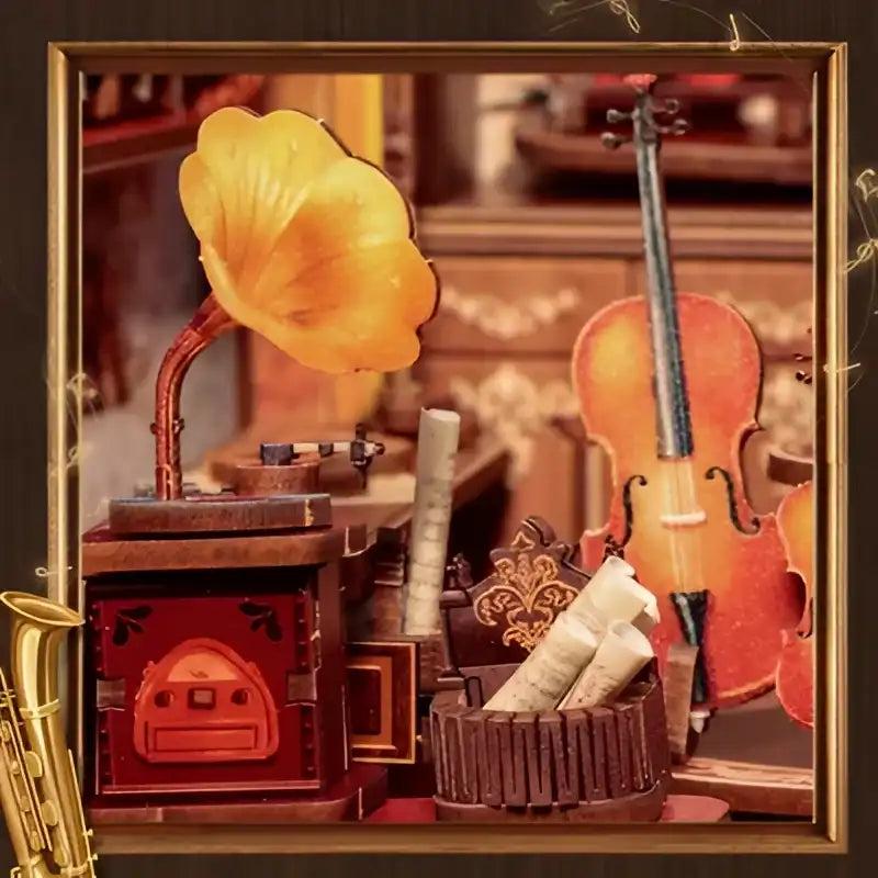 Miniature gramophone and violin on the workshop counter