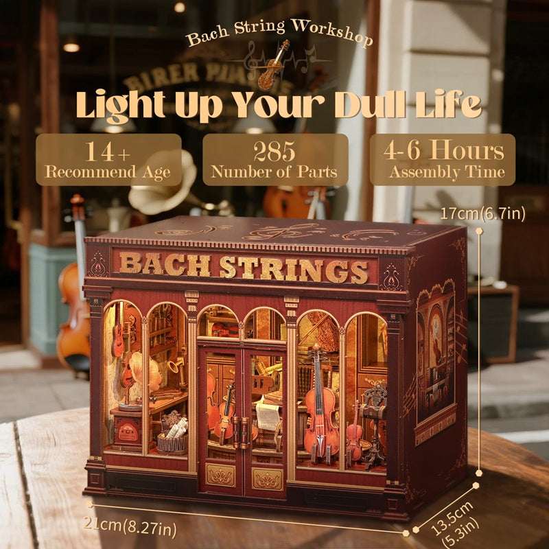 Bach Strings kit specifications: 285 parts, 4 to 6 hours, 21 x 17 x 13.5 cm