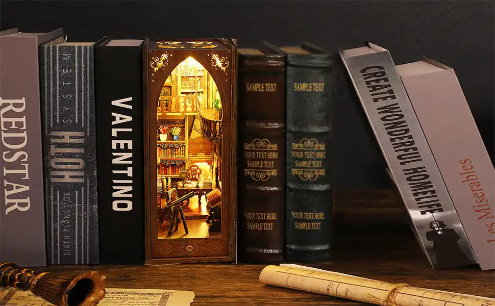 Glowing book nook diorama depicting a miniature library between actual books.