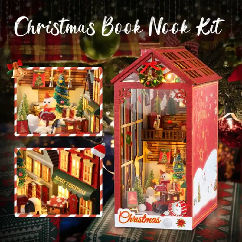 Christmas DIY book nook kit with music box. Miniature wooden festive scene with Christmas tree, wrapped gifts, snowy details, warm LED lighting, and built-in melody. Designed to slide between books on a bookshelf.