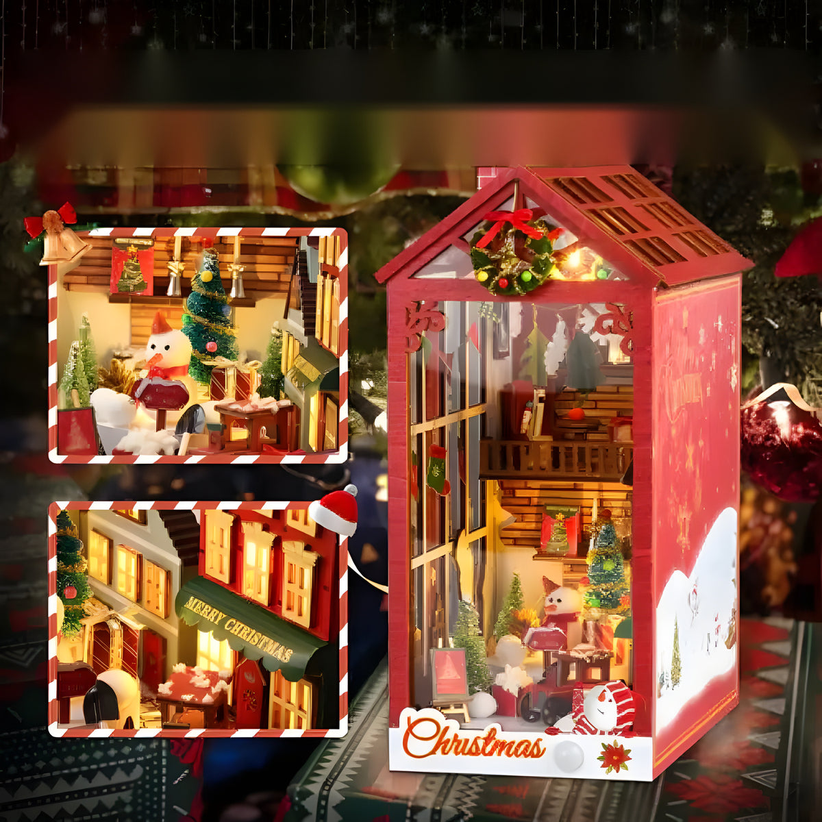 Christmas DIY book nook kit with music box, lit red lantern house