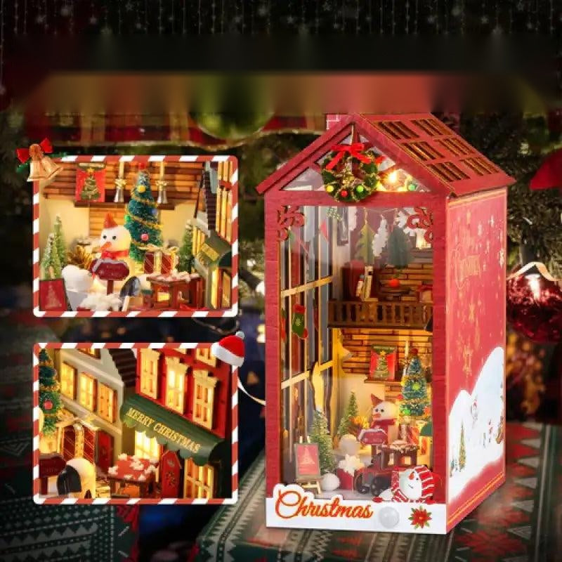 Christmas DIY book nook kit with music box, lit red lantern house