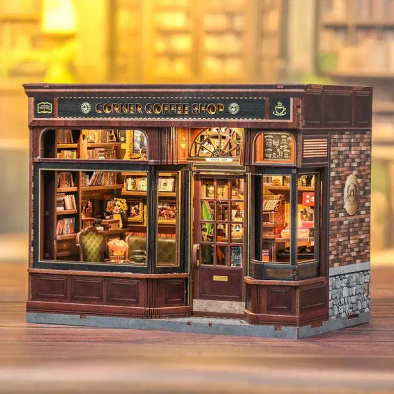 Corner Coffee Shop DIY book nook lit between books