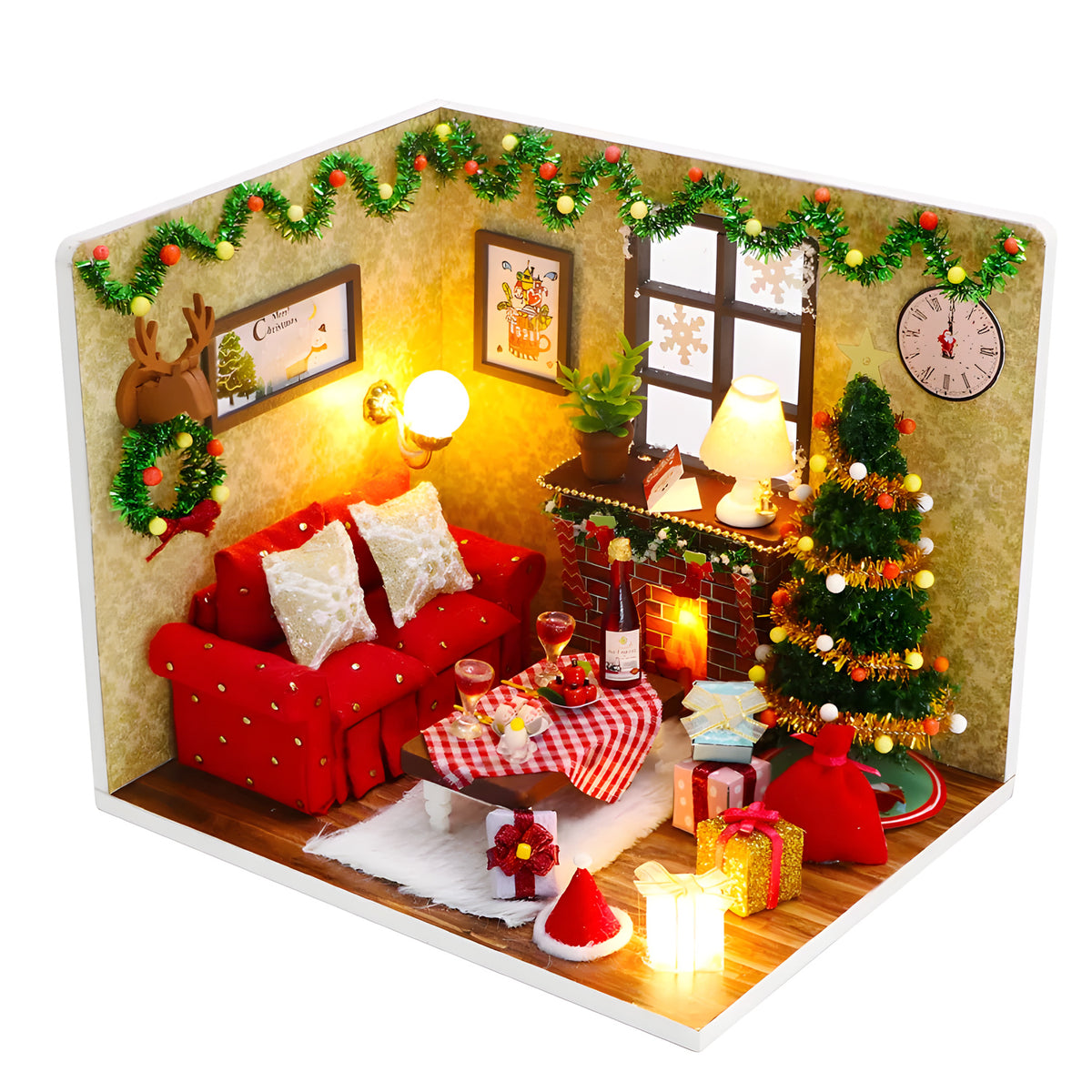 Christmas Living Room DIY miniature room kit with red sofa, fireplace, tree and gifts