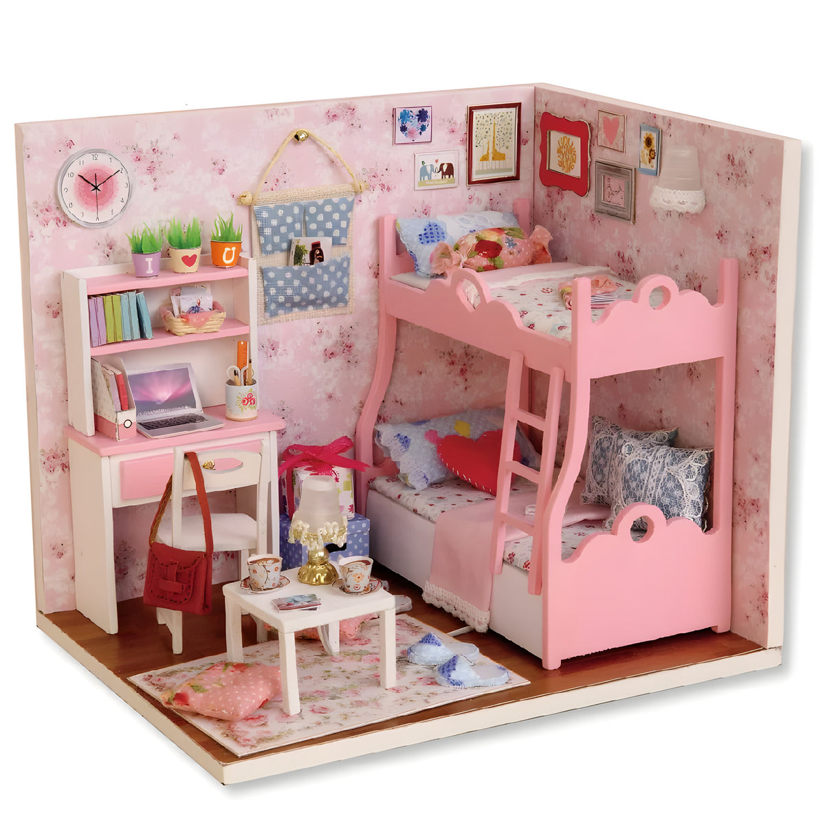 Pink Bedroom DIY miniature room kit with bunk bed, desk and floral wallpaper