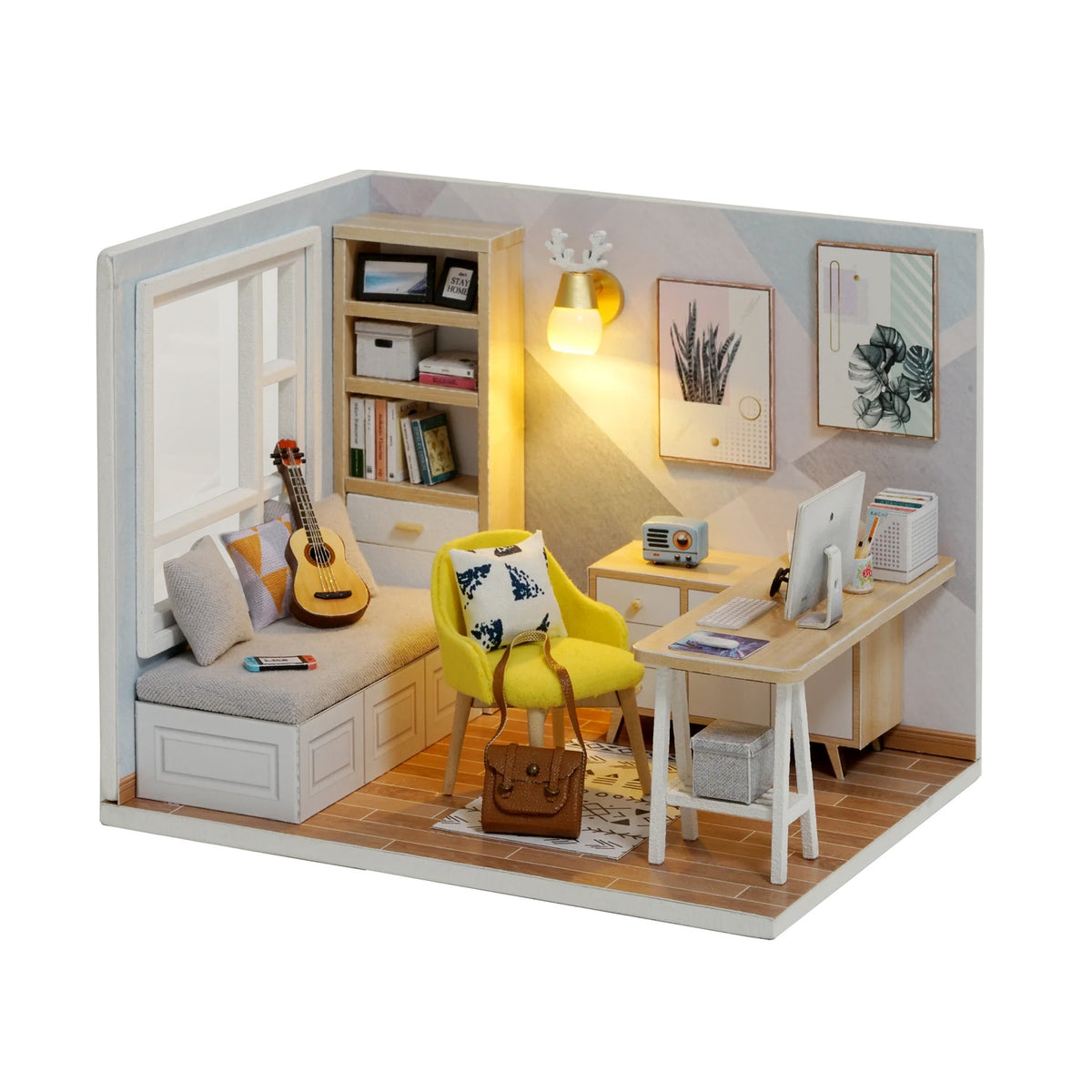 Sunshine Study DIY miniature room kit: home office with yellow armchair, ukulele and desk