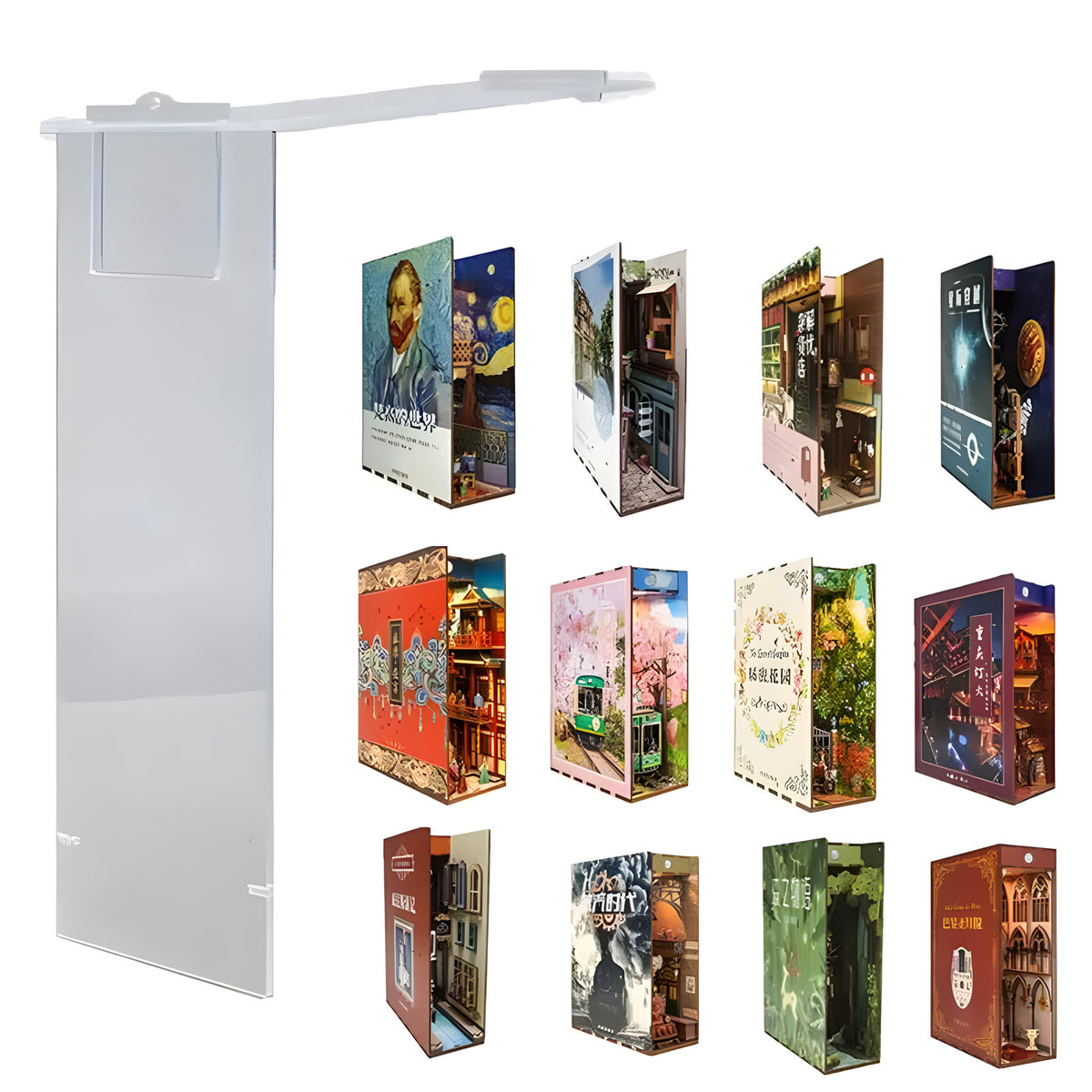 Clear dust cover for book nooks, shown with examples in place