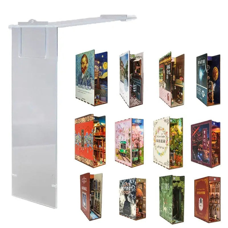 Clear dust cover for book nooks, shown with examples in place