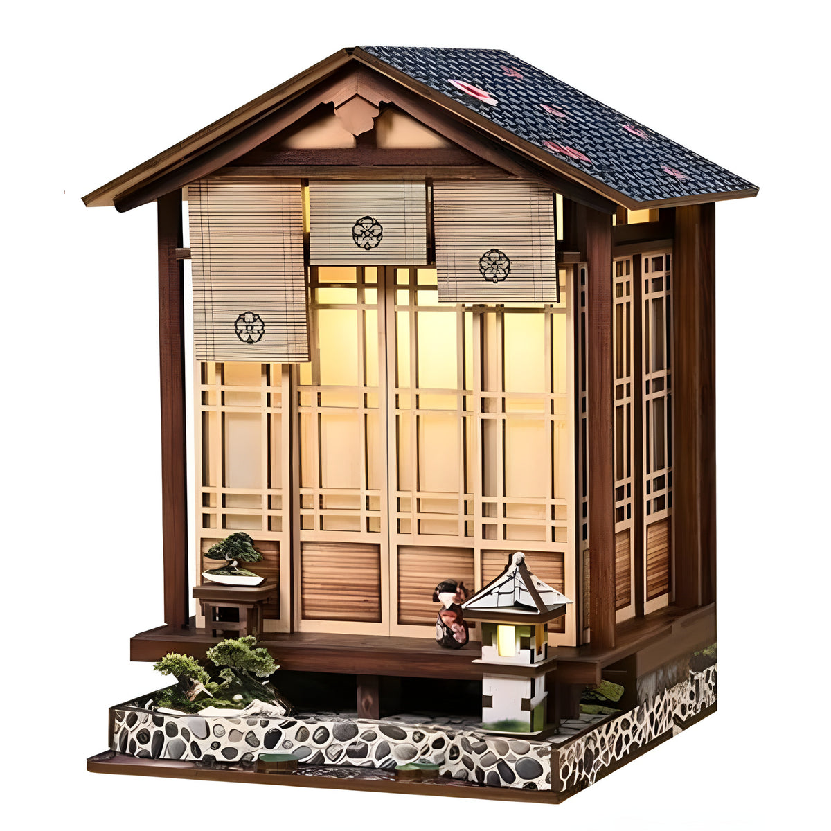 Japanese Machiya DIY book nook kit, lit wooden lantern house