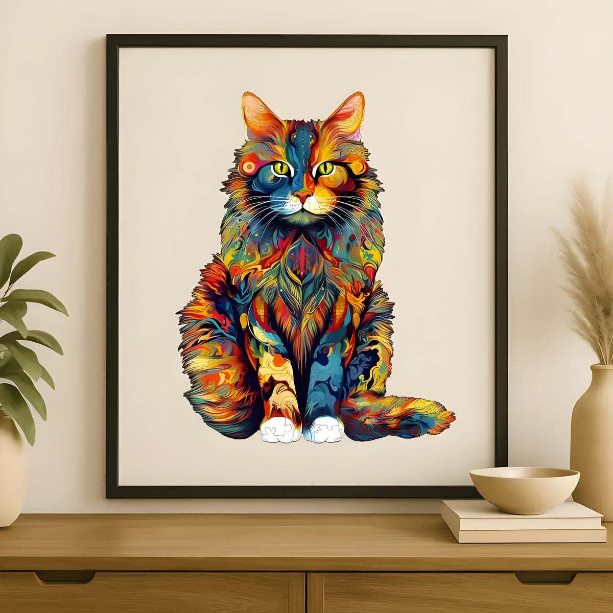 Maine Coon Cat jigsaw puzzle. Detailed 150-piece illustration of a majestic Maine Coon cat with thick fur and expressive eyes. Perfect for framing once complete.