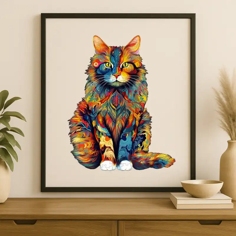 Maine Coon Cat jigsaw puzzle. Detailed 150-piece illustration of a majestic Maine Coon cat with thick fur and expressive eyes. Perfect for framing once complete.