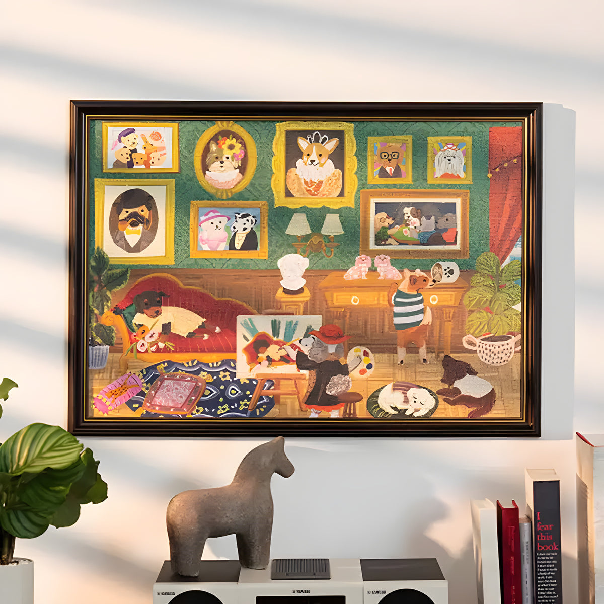 Doggie Art Gallery 1000-piece jigsaw puzzle. Colorful whimsical illustration of elegant dogs of various breeds posing and strolling through a contemporary art museum filled with paintings and sculptures. 19.7 by 29.5 inches when assembled.