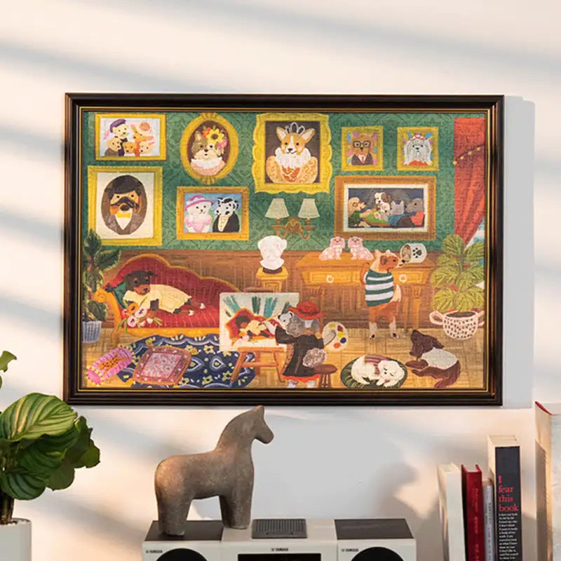 Doggie Art Gallery 1000-piece jigsaw puzzle. Colorful whimsical illustration of elegant dogs of various breeds posing and strolling through a contemporary art museum filled with paintings and sculptures. 19.7 by 29.5 inches when assembled.