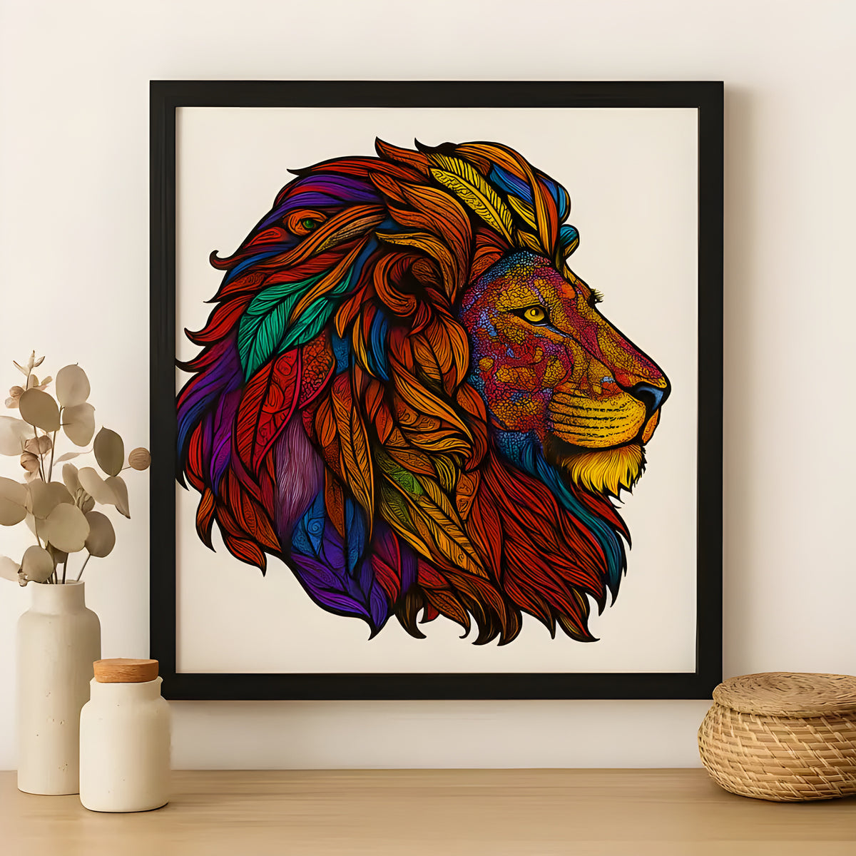 Majestic Lion jigsaw puzzle. Detailed 150-piece illustration of a powerful lion with golden mane and intense gaze. Perfect for framing once complete.