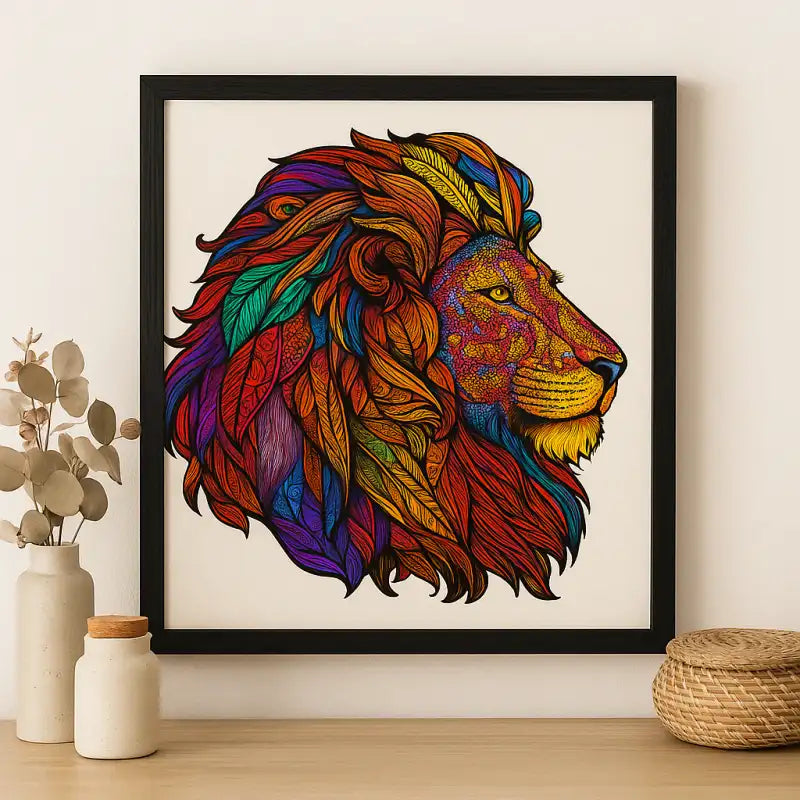 Majestic Lion jigsaw puzzle. Detailed 150-piece illustration of a powerful lion with golden mane and intense gaze. Perfect for framing once complete.
