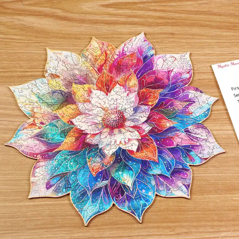 Mystic Mandala Flower jigsaw puzzle. Vibrant 200-piece mandala illustration with intricate floral patterns and spiritual symbolism. Perfect for framing once complete.