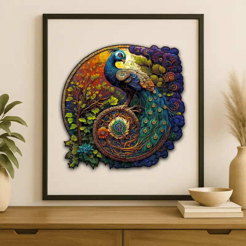 Majestic Peacock jigsaw puzzle. Vibrant 150-piece illustration of a peacock displaying its colorful tail feathers in full splendor. Perfect for framing once complete.