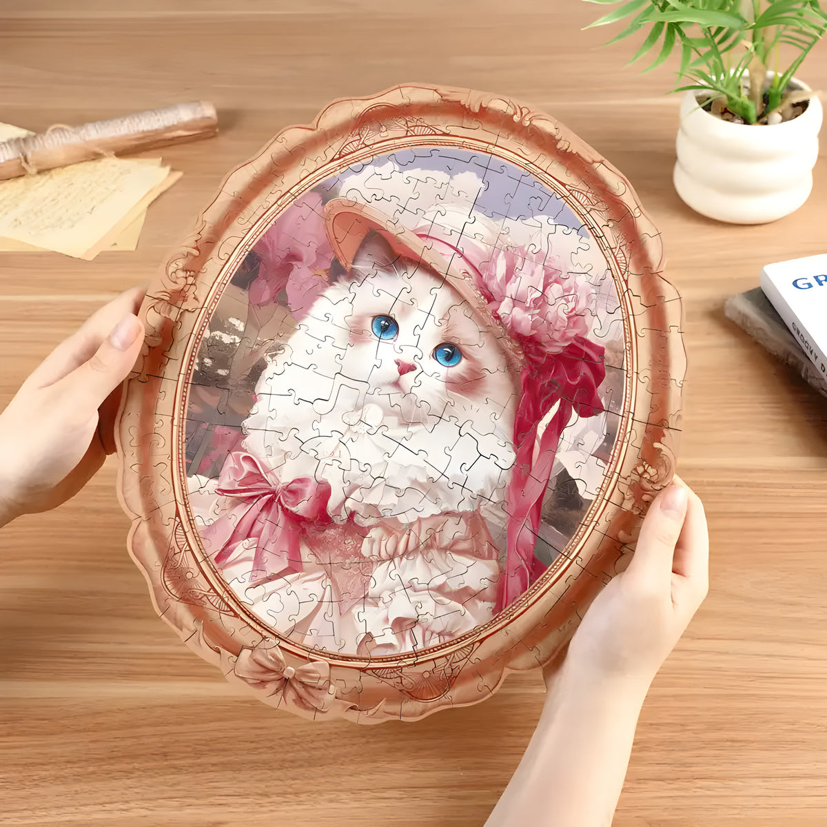Springtime Kitty Portrait jigsaw puzzle. Colorful 200-piece illustration of a cute cat surrounded by spring flowers and pastel colors. Perfect for framing once complete.