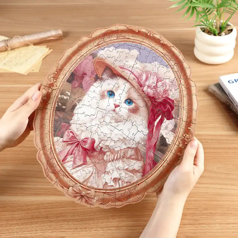 Springtime Kitty Portrait jigsaw puzzle. Colorful 200-piece illustration of a cute cat surrounded by spring flowers and pastel colors. Perfect for framing once complete.