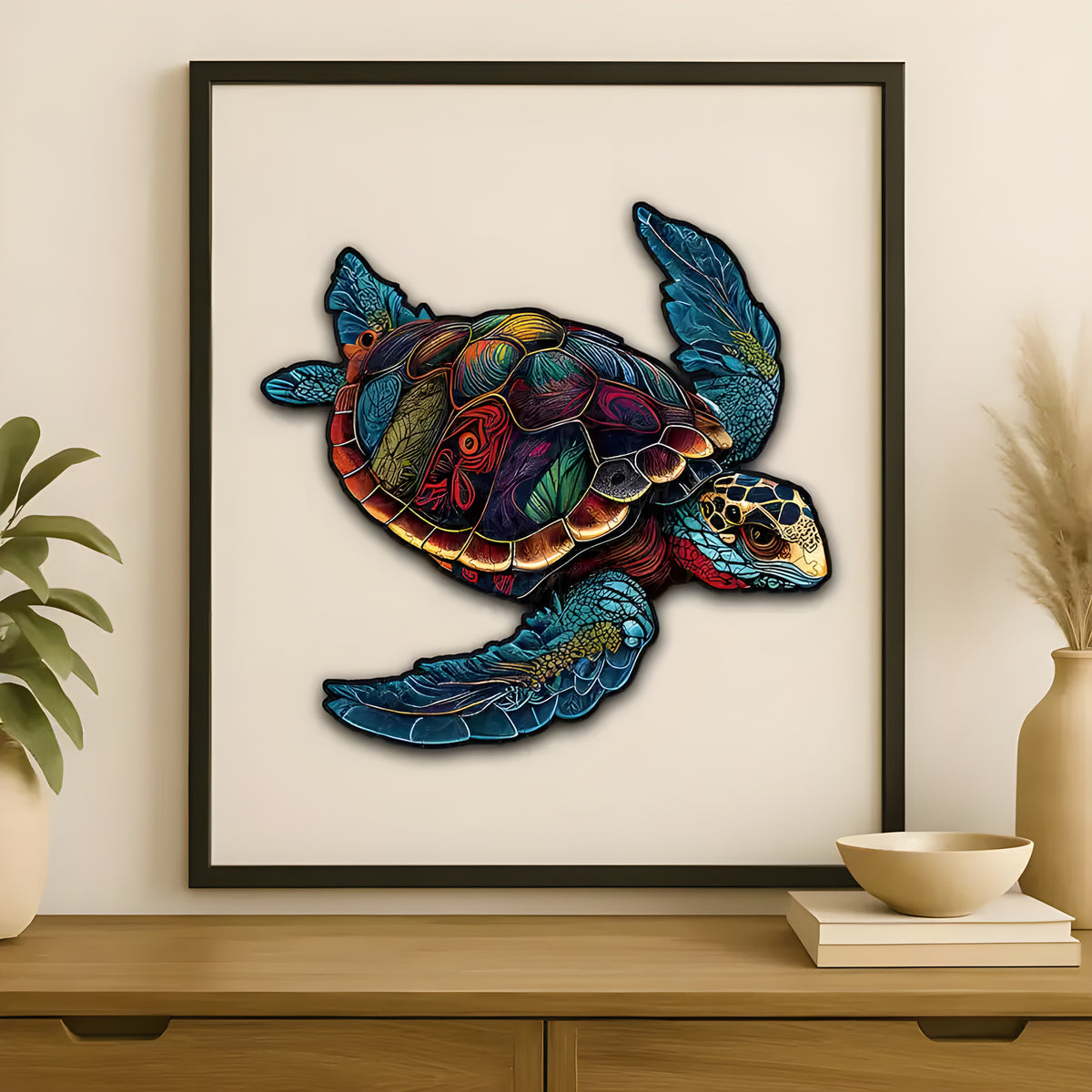 Sea Turtle jigsaw puzzle. Beautiful 150-piece illustration of a sea turtle gliding through ocean blues with coral reef details. Perfect for framing once complete.