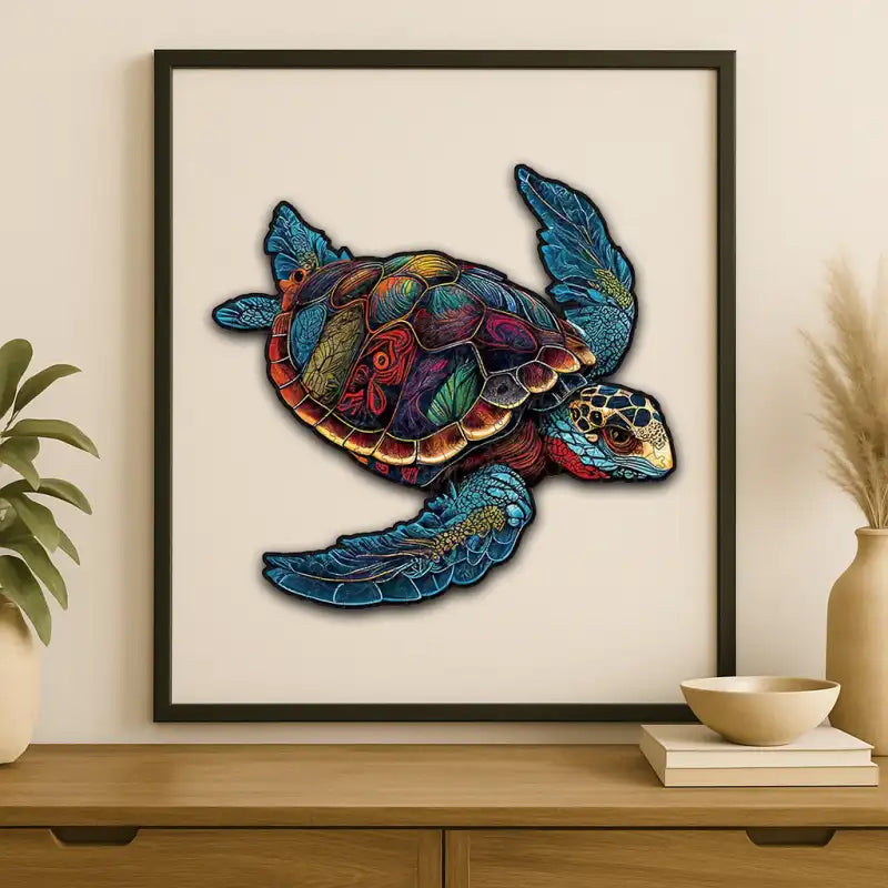 Sea Turtle jigsaw puzzle. Beautiful 150-piece illustration of a sea turtle gliding through ocean blues with coral reef details. Perfect for framing once complete.