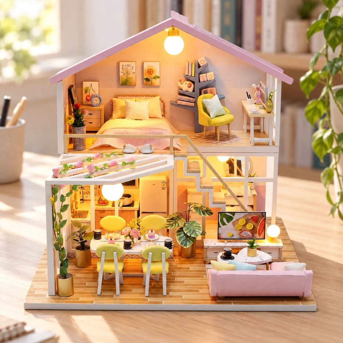 Lavender Cottage DIY miniature house kit on a wooden desk, open-front pastel house with lit rooms