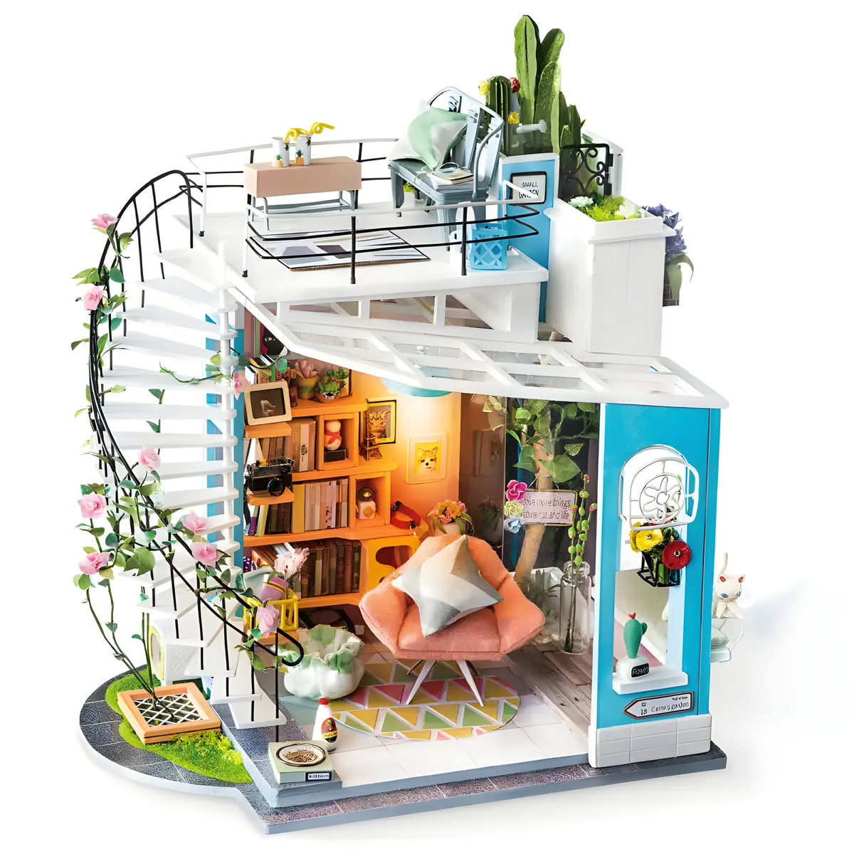 Dora's Loft DIY miniature house kit. Wooden model of a modern urban loft with stylish furniture, large windows, contemporary decor, and warm LED lighting.