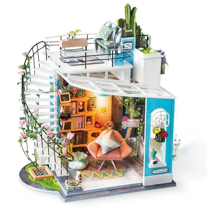 Dora's Loft DIY miniature house kit. Wooden model of a modern urban loft with stylish furniture, large windows, contemporary decor, and warm LED lighting.