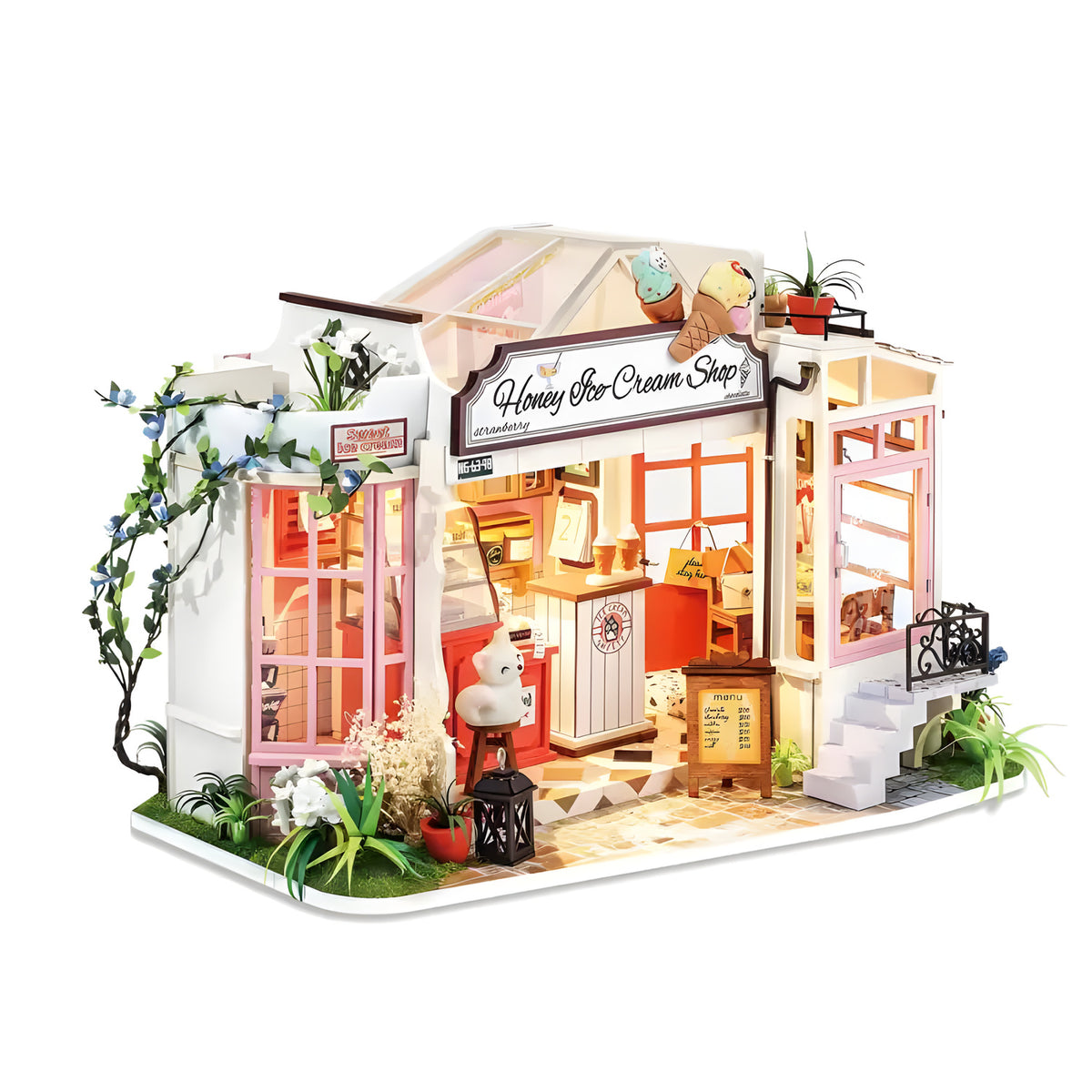 Honey Ice Cream Shop DIY miniature house kit. Wooden model of a sweet ice cream parlor with display counter, pastel decor, and warm LED lighting.
