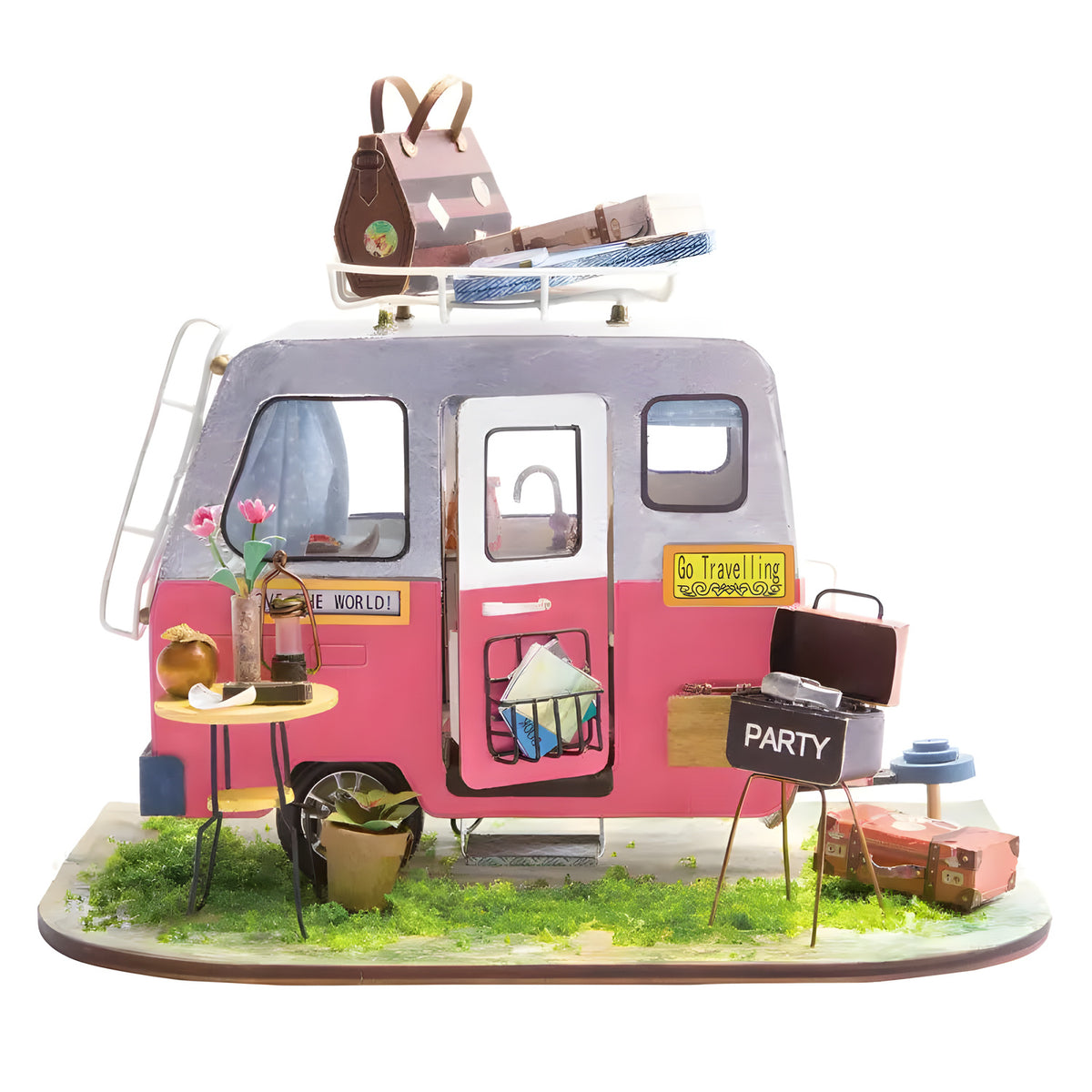 Jane's Caravan DIY miniature house kit. Wooden bohemian-style caravan model with cozy interior, travel decor, and homey details. A wanderlust-inspired DIY build.