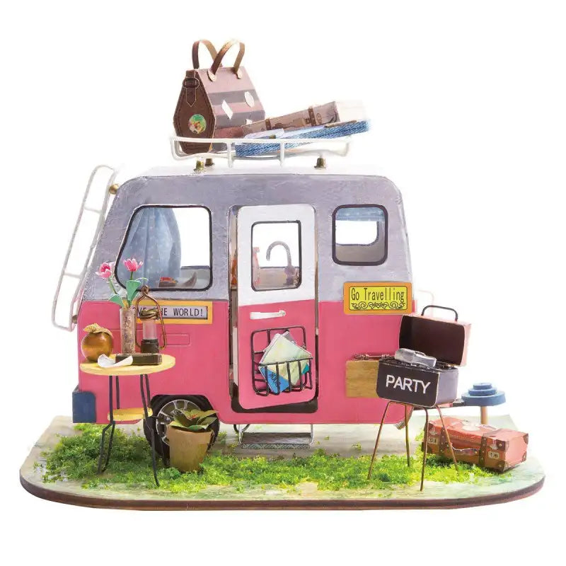 Jane's Caravan DIY miniature house kit. Wooden bohemian-style caravan model with cozy interior, travel decor, and homey details. A wanderlust-inspired DIY build.