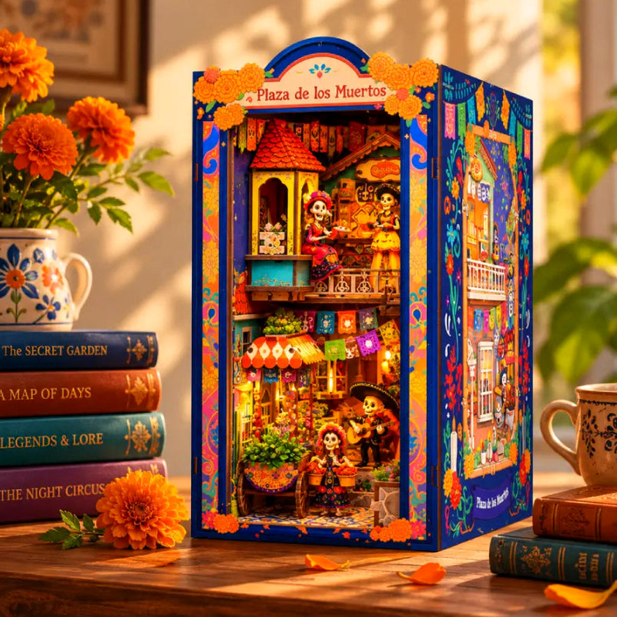 Marigold Festival DIY book nook kit, lit market stall with papel picado and marigolds
