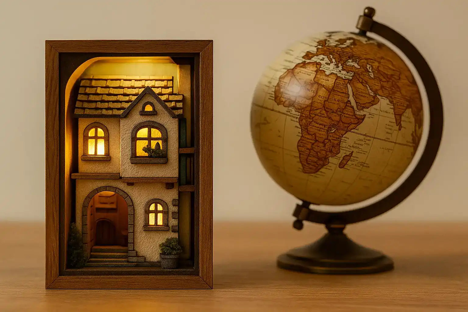 A miniature book nook depicting a cozy, illuminated house with an arched entryway.