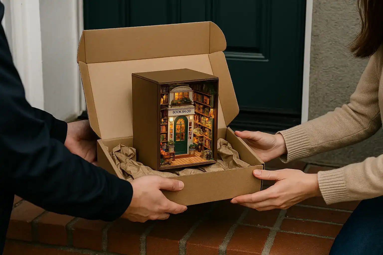 A miniature diorama of a bookshop, illuminated from within, packaged in a cardboard box.