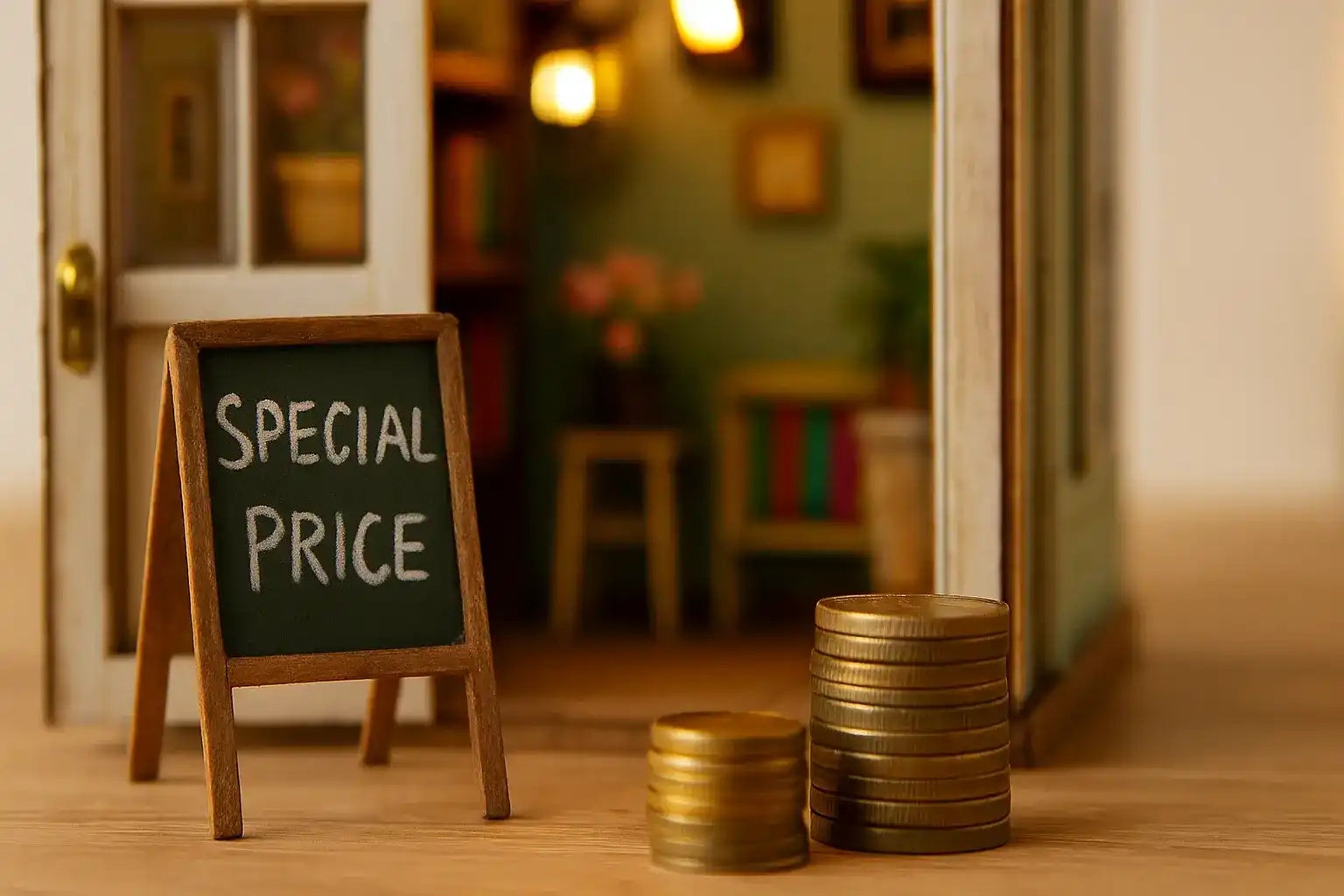 A miniature shop entrance with a ’SPECIAL PRICE’ sign and stacks of coins.