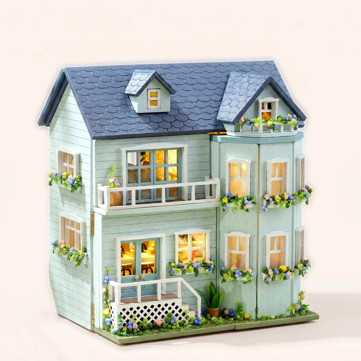 Mint Villa DIY miniature house kit, mint clapboard house with lit windows and flower boxes