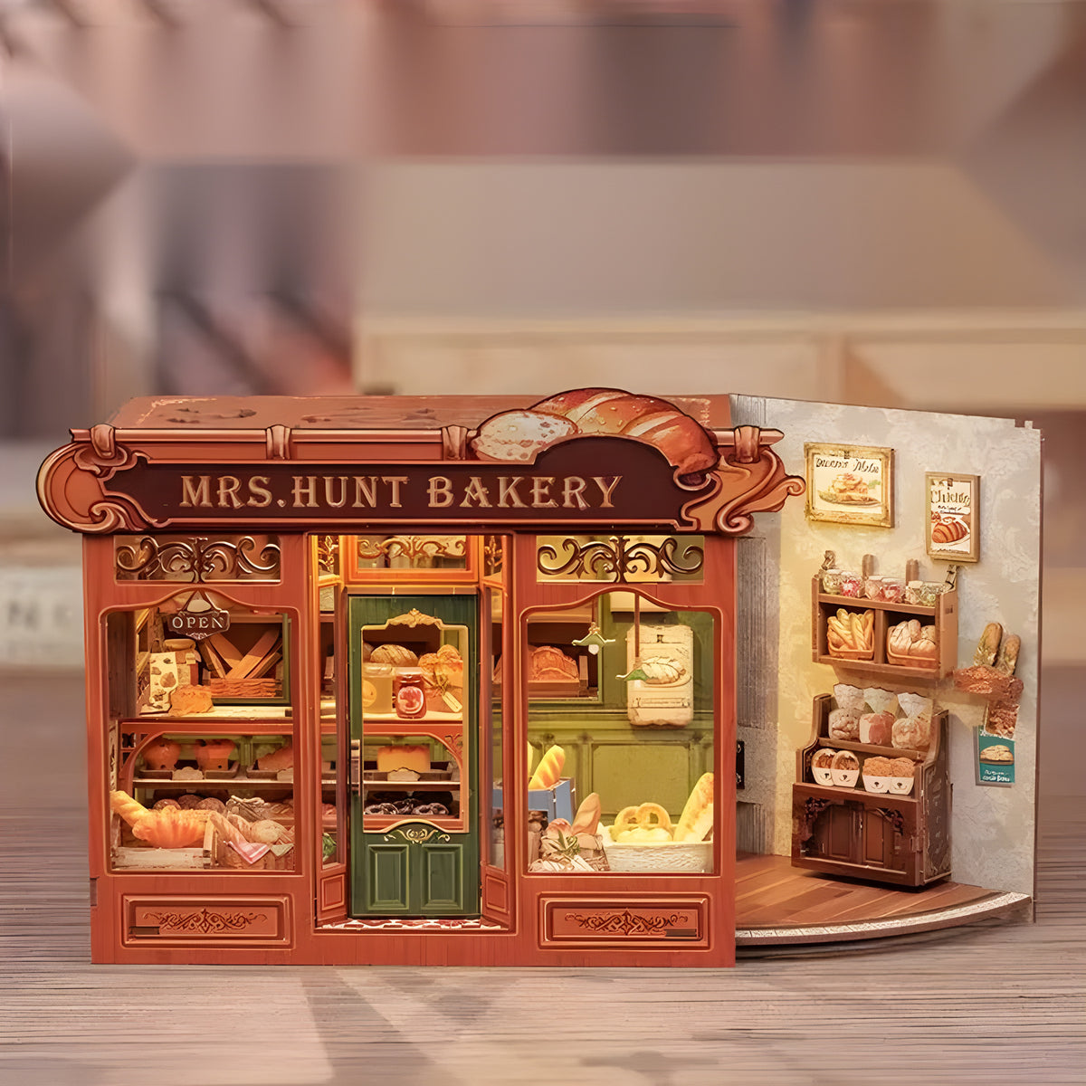 Mrs. Hunt Bakery DIY book nook kit, red bakery front with bread displays