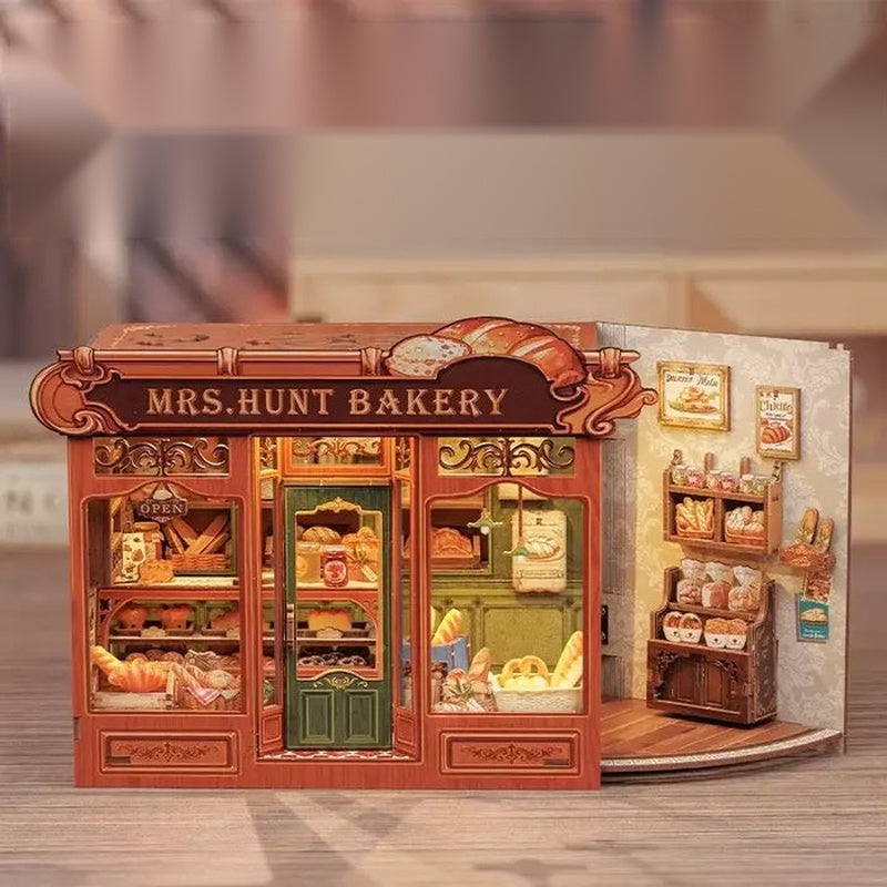 Mrs. Hunt Bakery DIY book nook kit, red bakery front with bread displays