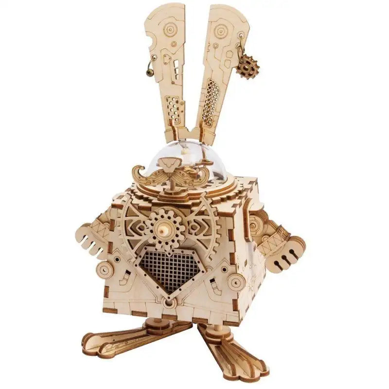 Harper Music Box 3D wooden puzzle. Mechanical wooden harp-themed music box model with detailed gears and wind-up melody mechanism. A premium collectible DIY build.