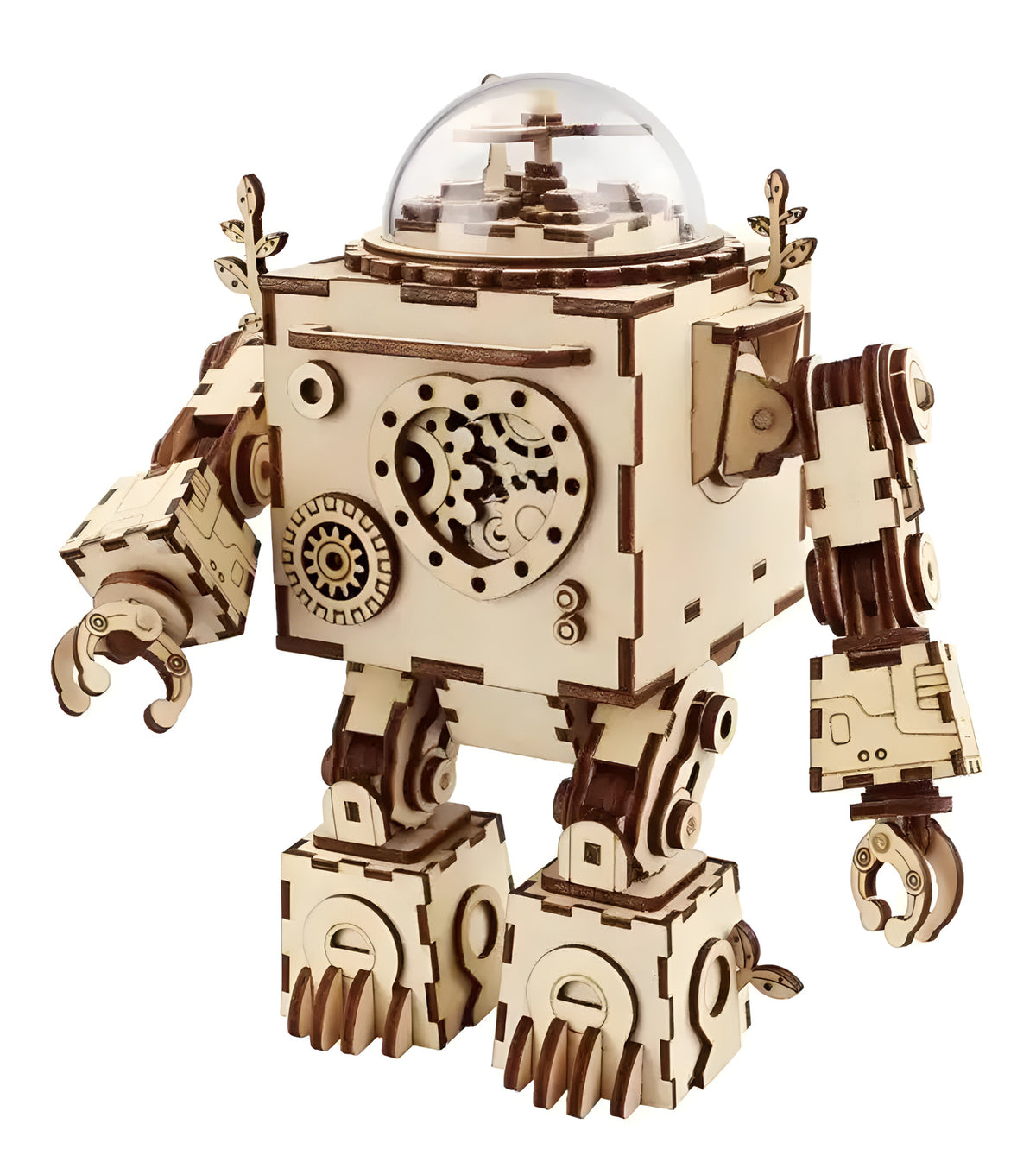 Morpheus Mechanical Robot 3D wooden puzzle music box. Steampunk jukebox robot model with intricate laser-cut wooden gears, glow-in-the-dark heart, and a wind-up melody mechanism. 221 precision pieces.