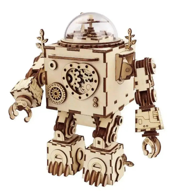 Morpheus Mechanical Robot 3D wooden puzzle music box. Steampunk jukebox robot model with intricate laser-cut wooden gears, glow-in-the-dark heart, and a wind-up melody mechanism. 221 precision pieces.