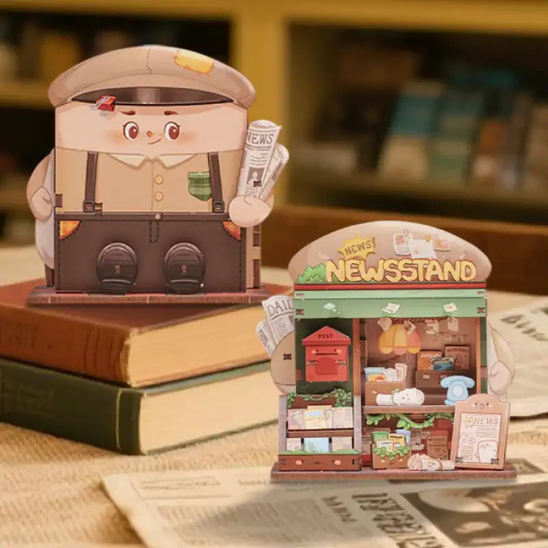News Stand 3D wooden puzzle. Charming wooden model of a vintage newspaper stand with detailed magazine displays and warm rustic finish. A quick collectible DIY build.