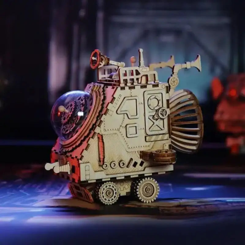 Spacecraft Music Box 3D wooden puzzle. Mechanical wooden spacecraft model with detailed gears, integrated music box, and laser-cut pieces. A premium collectible DIY build.