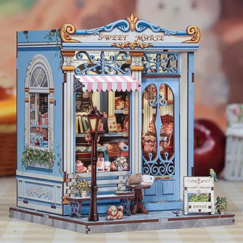 Sweet Marie book nook seen from the side with its striped awning