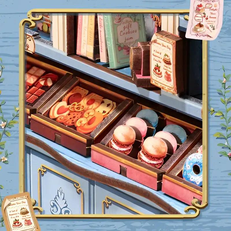 Miniature pastries and macarons on the shop counter